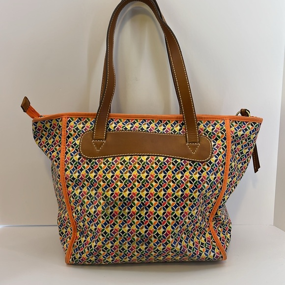 Fossil Colorful Geometric Print Tote Bag Purse Handbag w/ Brown Leather Trim - Picture 3 of 16